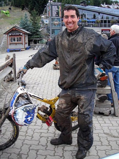 Dom Wrapson after a muddy day in the Whistler Bike Park